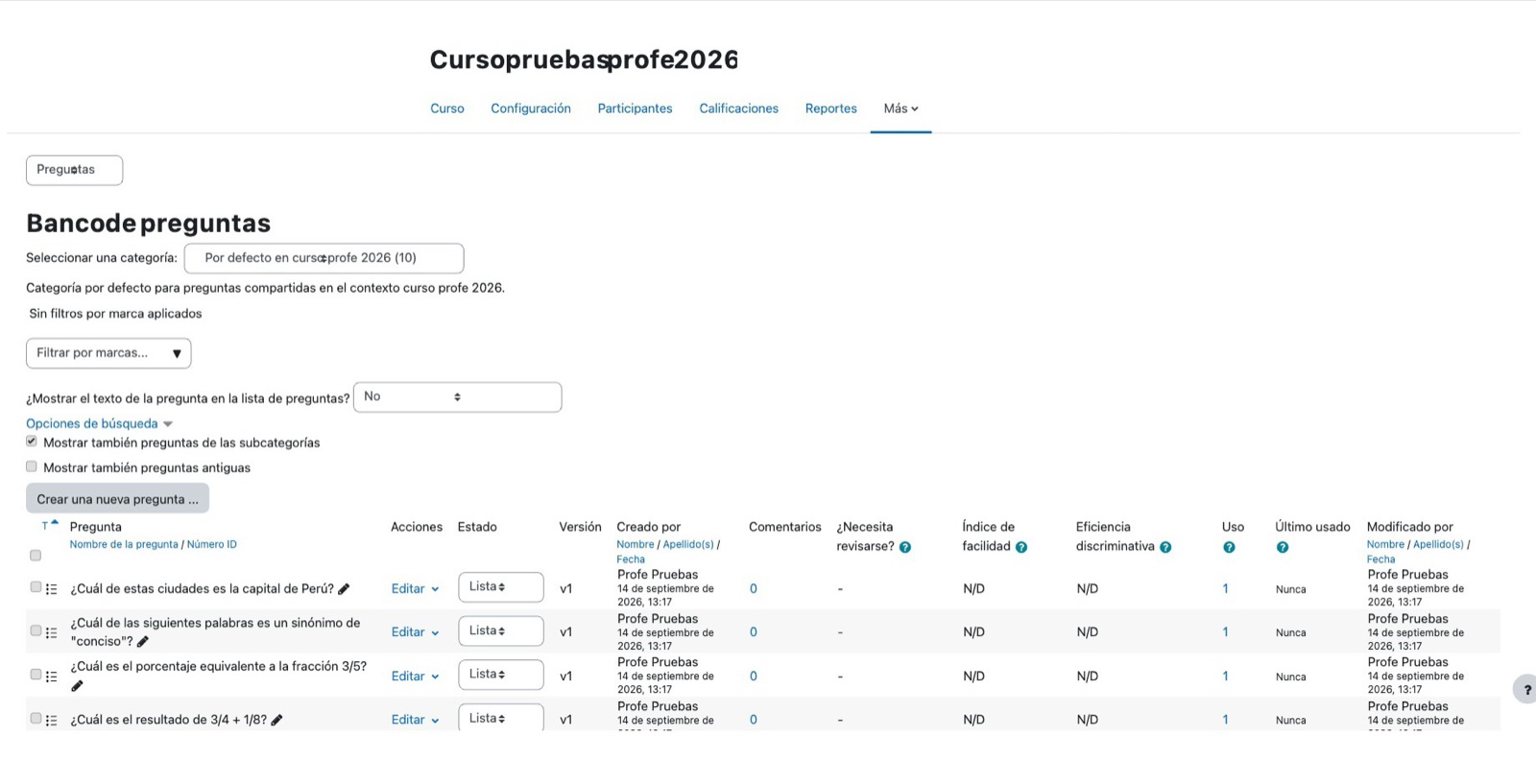 Banco de preguntas del curso, organizado por categorías