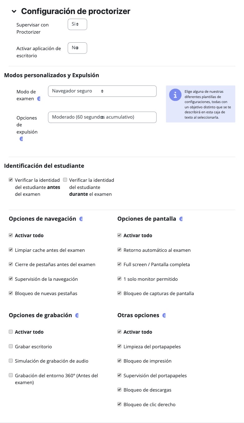 Configuración de monitoreo y bloqueo de un examen: identidad, pantalla completa, un solo monitor, capturas, pestañas, descargas