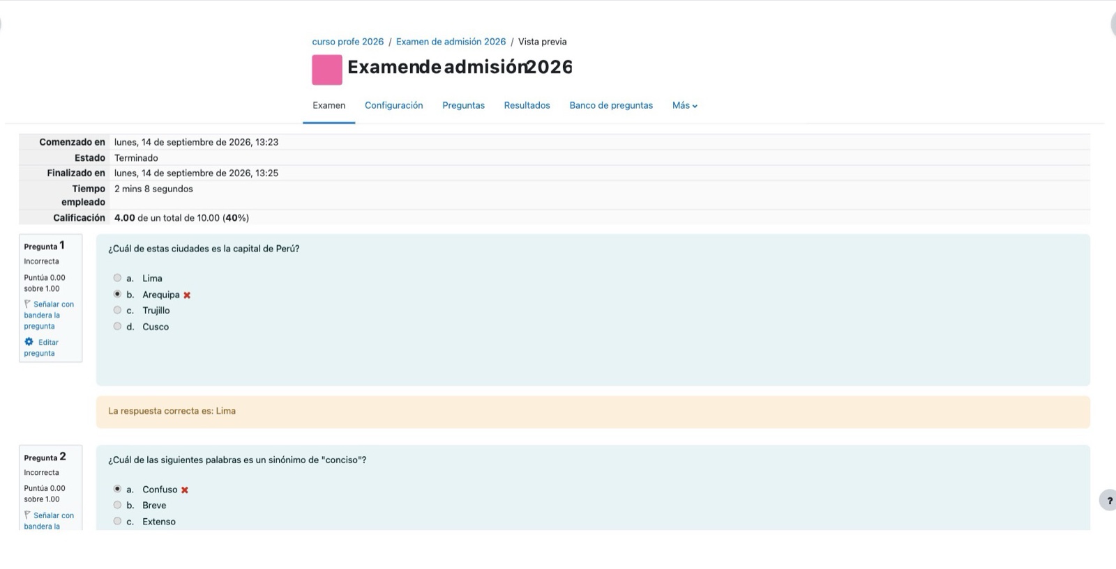 Revisión de un examen terminado: calificación automática, tiempo empleado y respuestas correctas e incorrectas