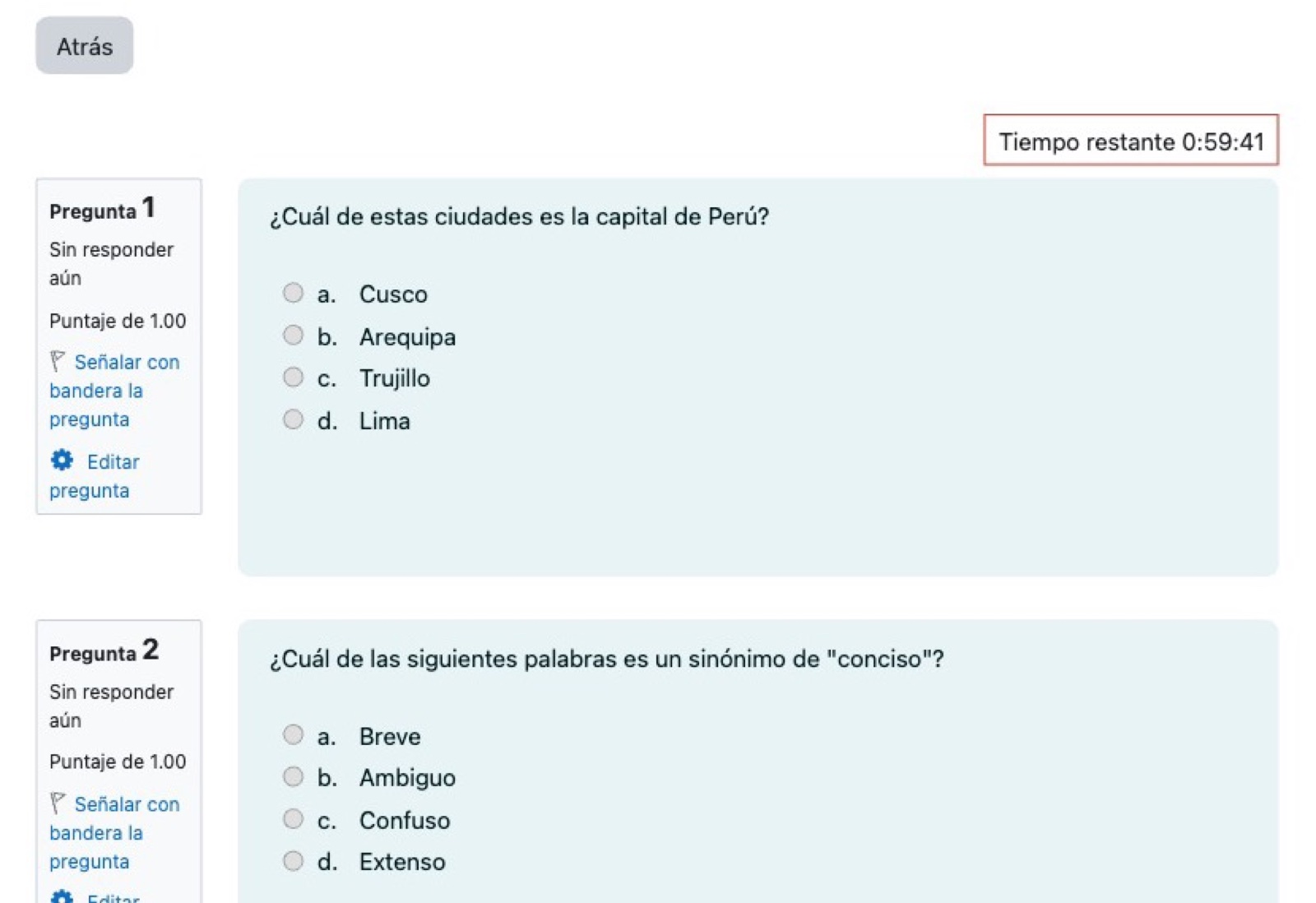 Examen en curso en la plataforma de Proctorizer: pregunta de opción múltiple con tiempo restante y navegación