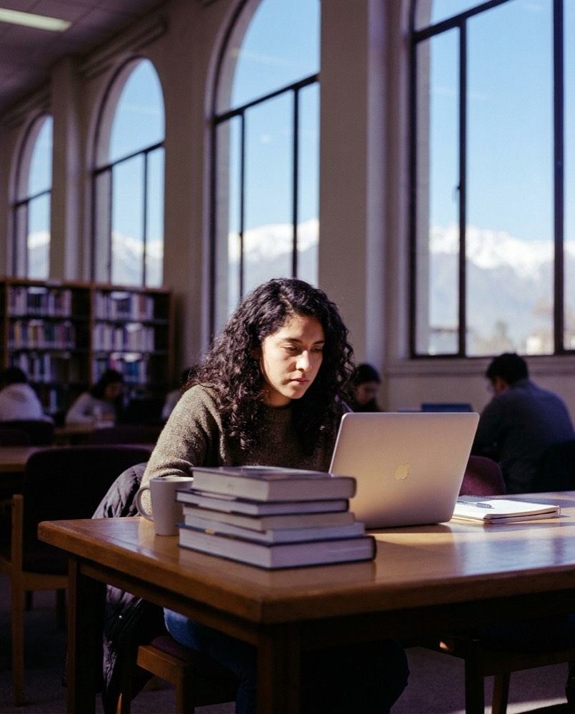 Estudiante rindiendo un examen en línea en una biblioteca de Santiago, con la cordillera de los Andes nevada por la ventana