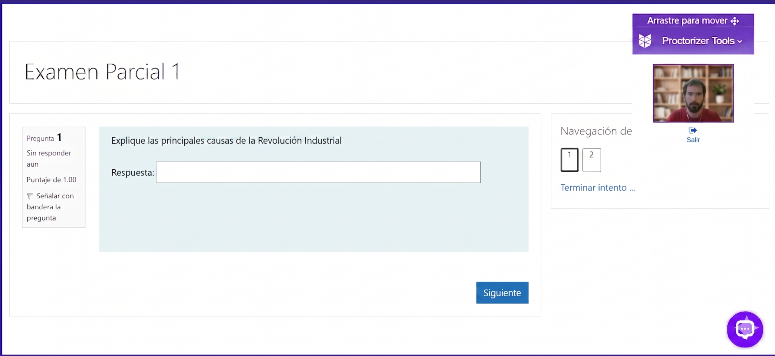 Panel de Proctorizer activo durante un examen en Moodle: detección de trampas por IA en tiempo real